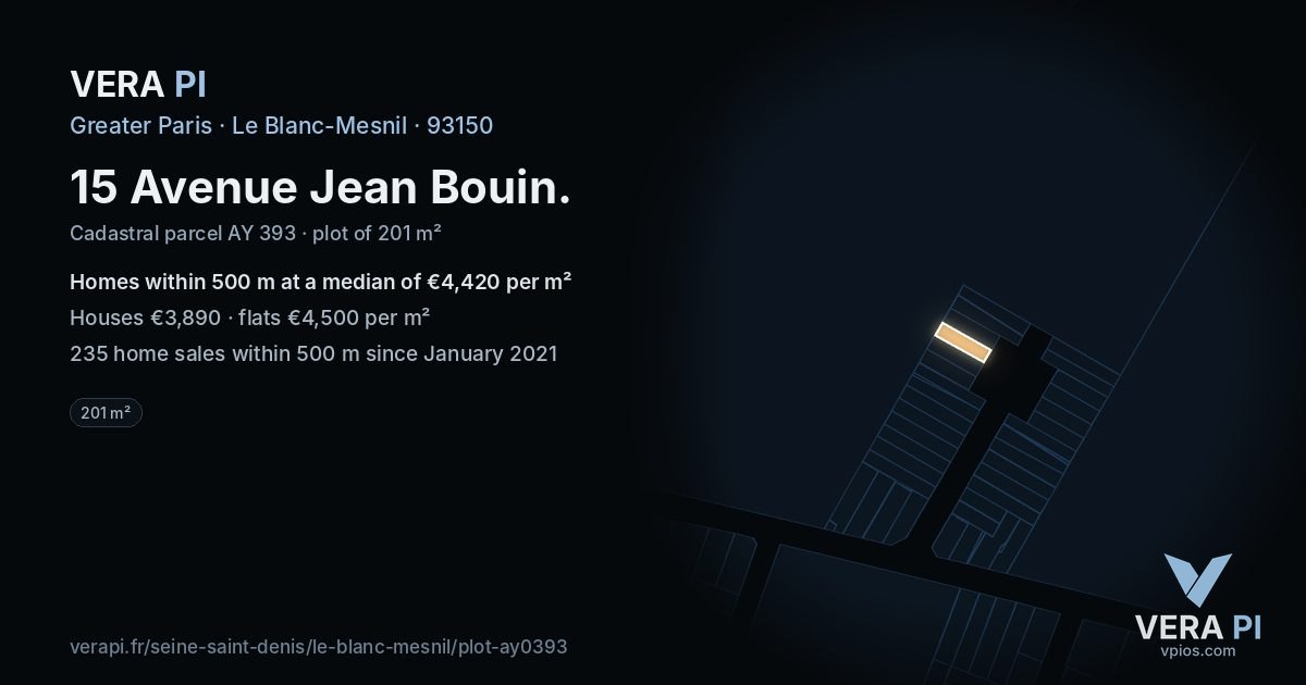 15 Avenue Jean Bouin, Le Blanc-Mesnil at night – the plot lit, the parcels around coloured by the prices near them