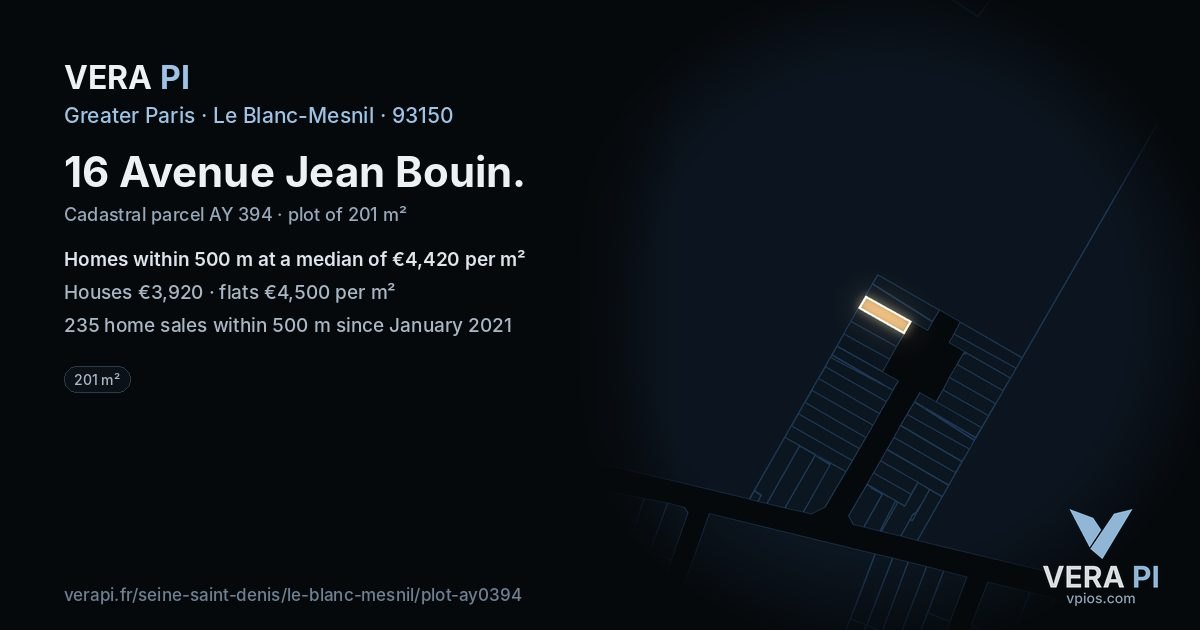 16 Avenue Jean Bouin, Le Blanc-Mesnil at night – the plot lit, the parcels around coloured by the prices near them