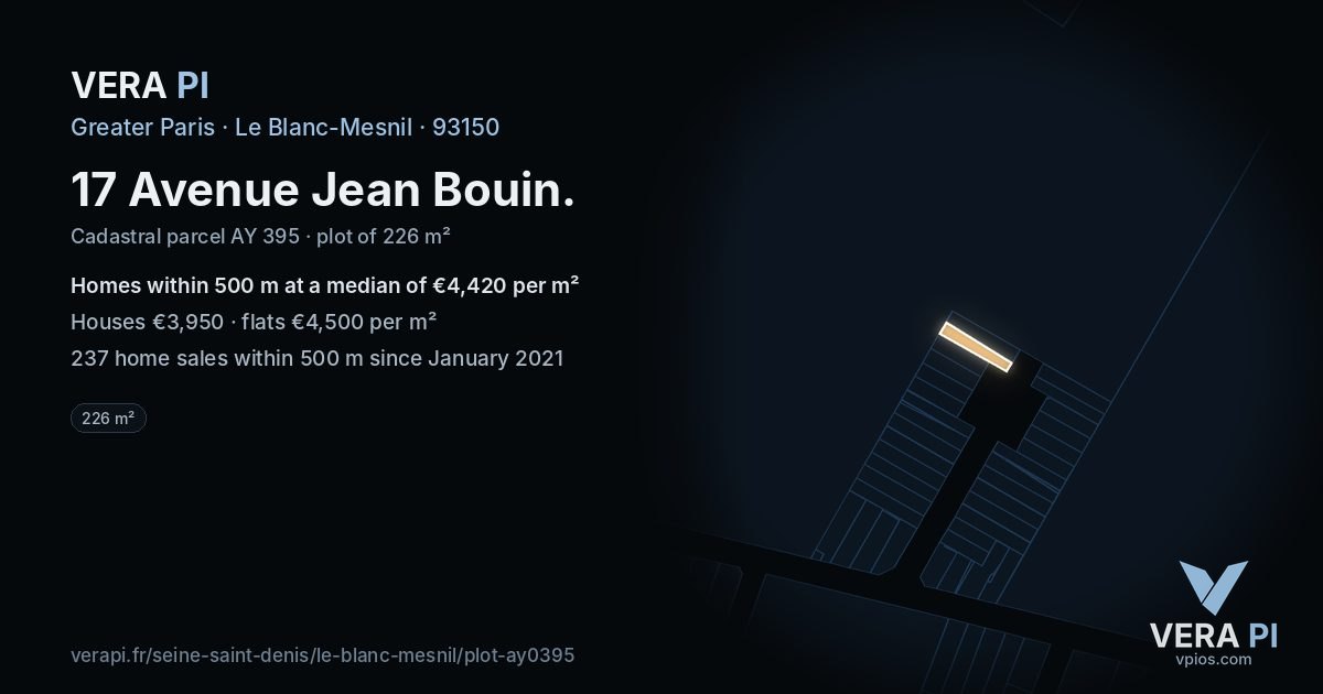 17 Avenue Jean Bouin, Le Blanc-Mesnil at night – the plot lit, the parcels around coloured by the prices near them