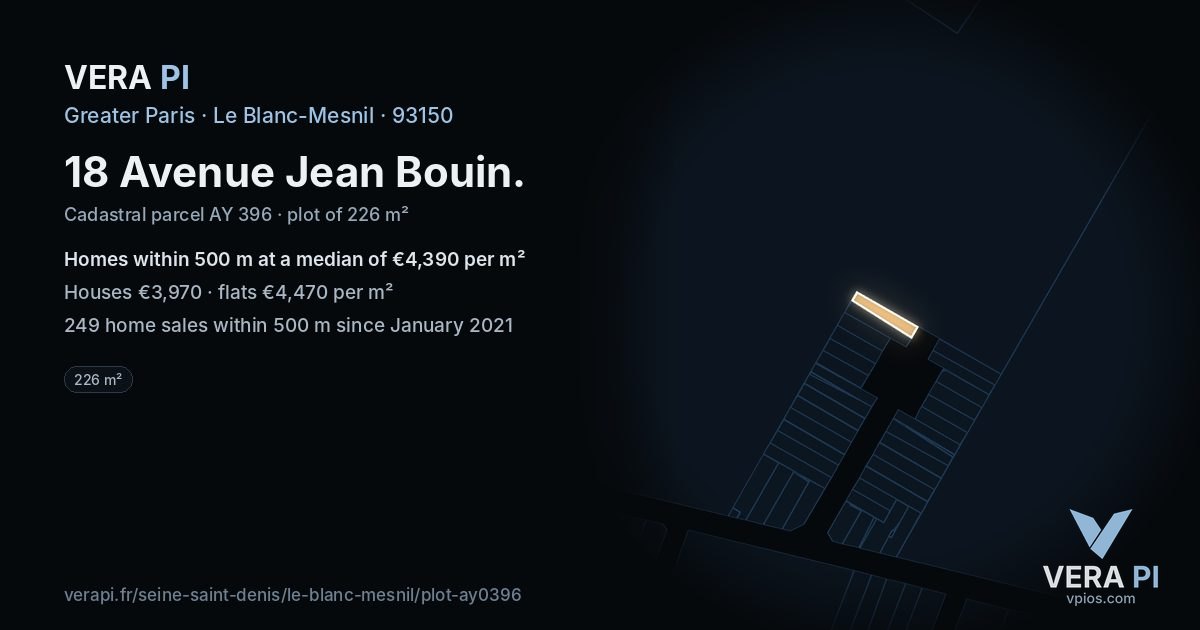 18 Avenue Jean Bouin, Le Blanc-Mesnil at night – the plot lit, the parcels around coloured by the prices near them
