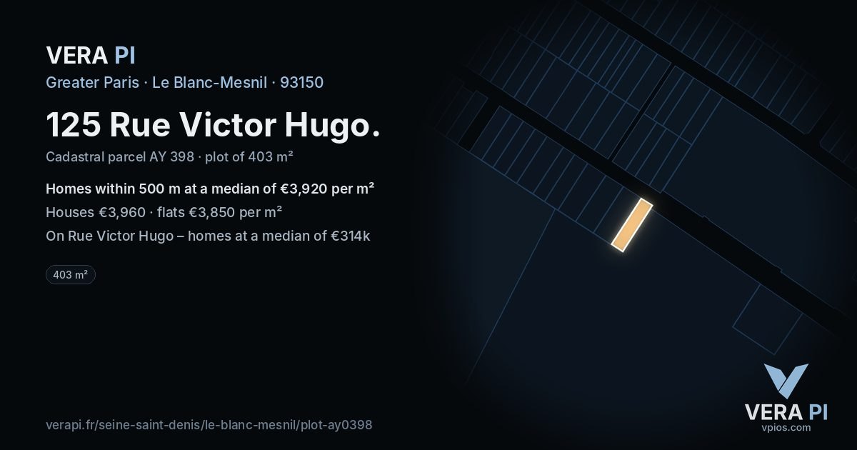 125 Rue Victor Hugo, Le Blanc-Mesnil at night – the plot lit, the parcels around coloured by the prices near them