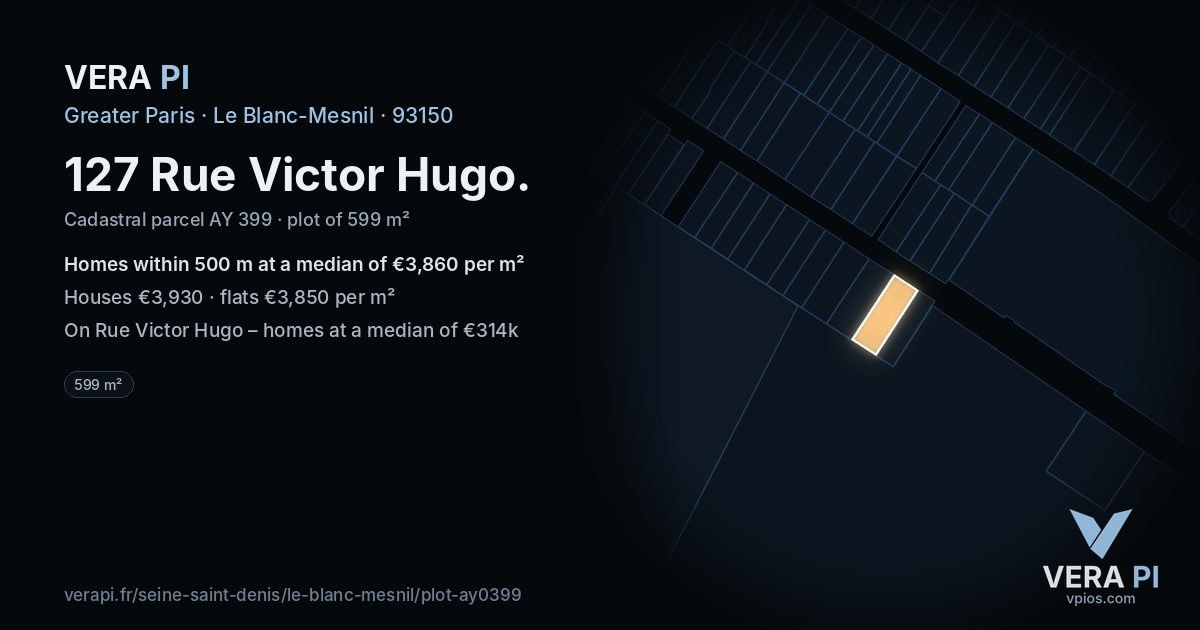 127 Rue Victor Hugo, Le Blanc-Mesnil at night – the plot lit, the parcels around coloured by the prices near them