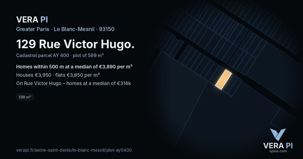 129 Rue Victor Hugo, Le Blanc-Mesnil at night – the plot lit, the parcels around coloured by the prices near them
