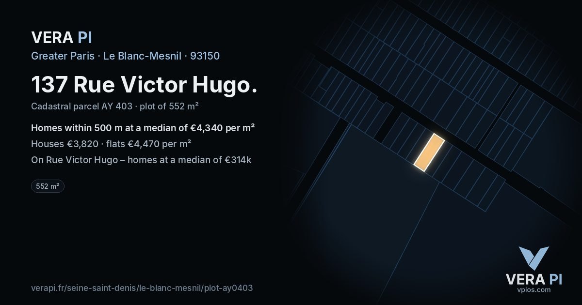 137 Rue Victor Hugo, Le Blanc-Mesnil at night – the plot lit, the parcels around coloured by the prices near them