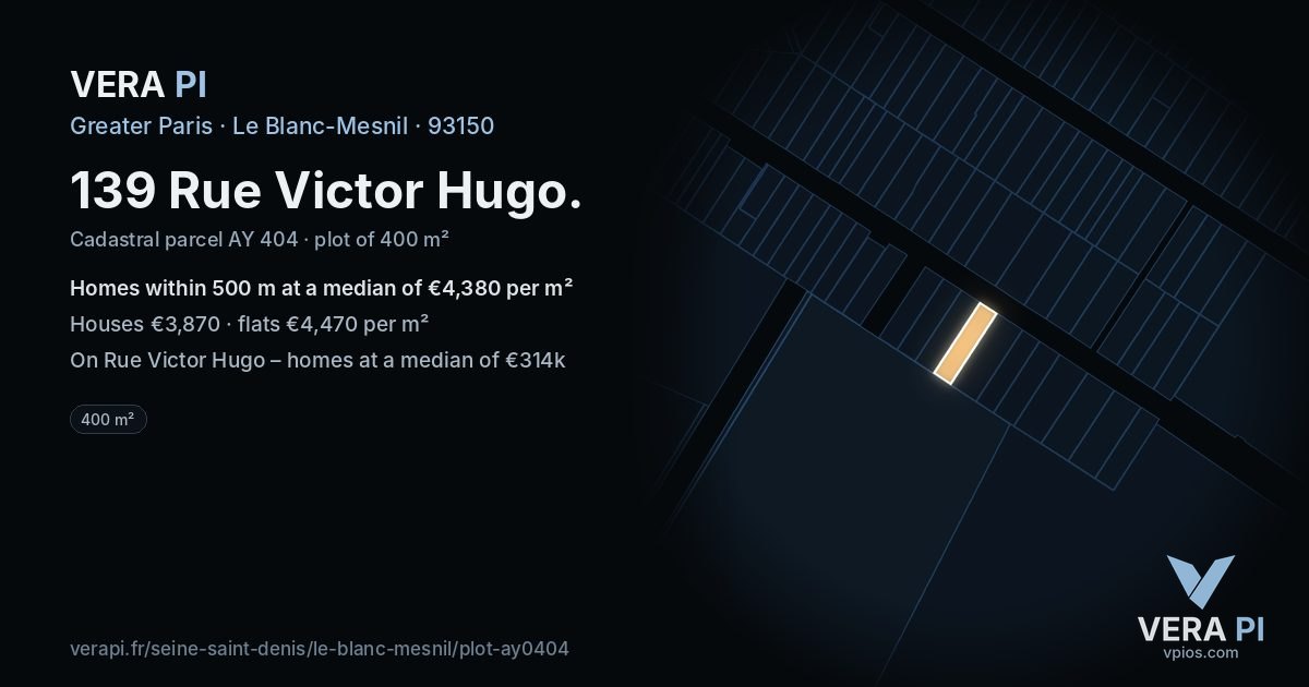 139 Rue Victor Hugo, Le Blanc-Mesnil at night – the plot lit, the parcels around coloured by the prices near them