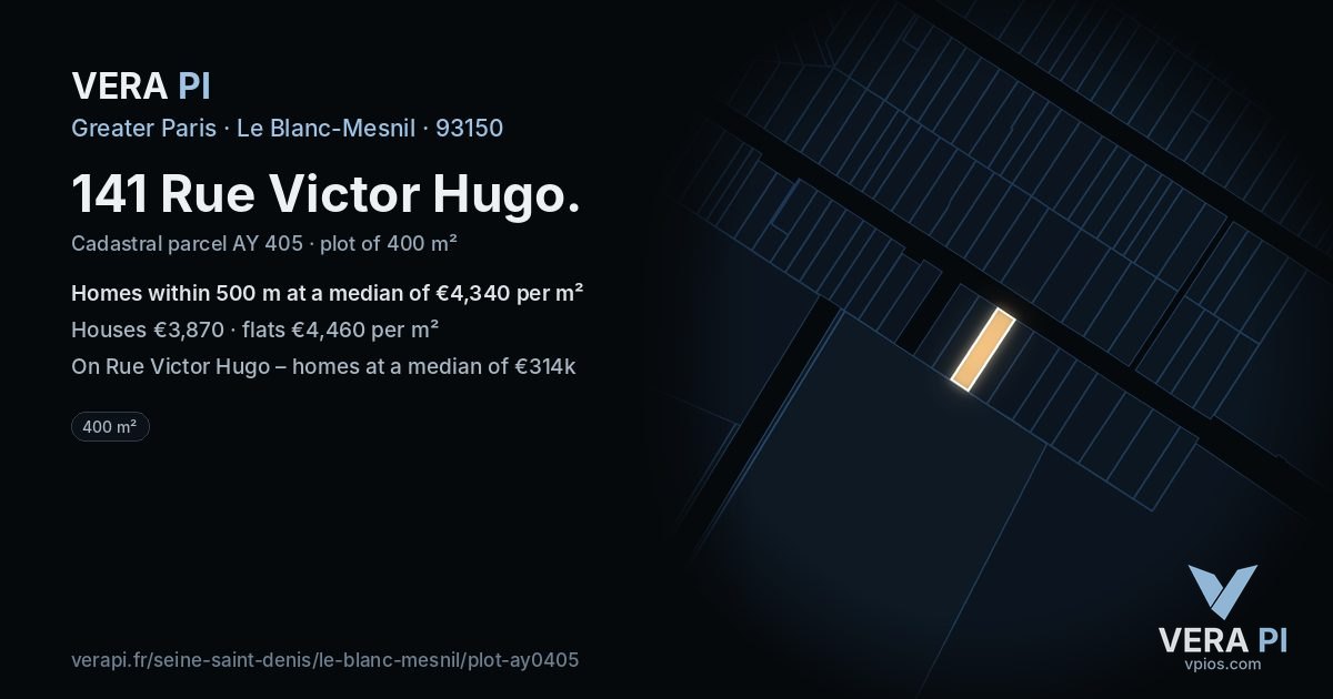 141 Rue Victor Hugo, Le Blanc-Mesnil at night – the plot lit, the parcels around coloured by the prices near them