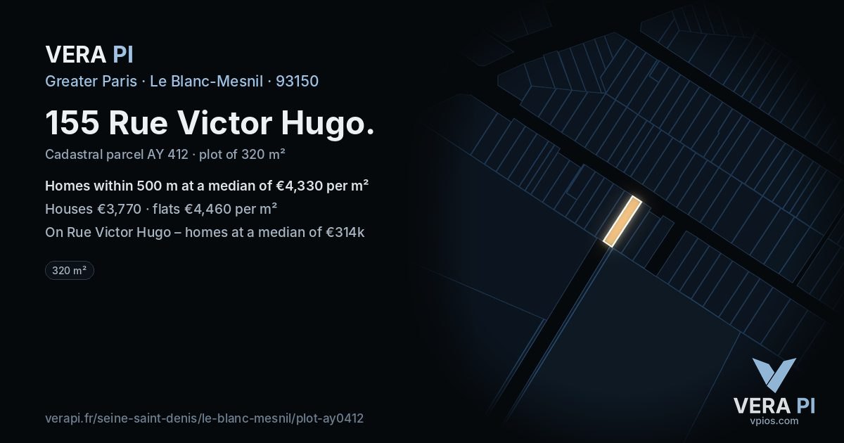 155 Rue Victor Hugo, Le Blanc-Mesnil at night – the plot lit, the parcels around coloured by the prices near them