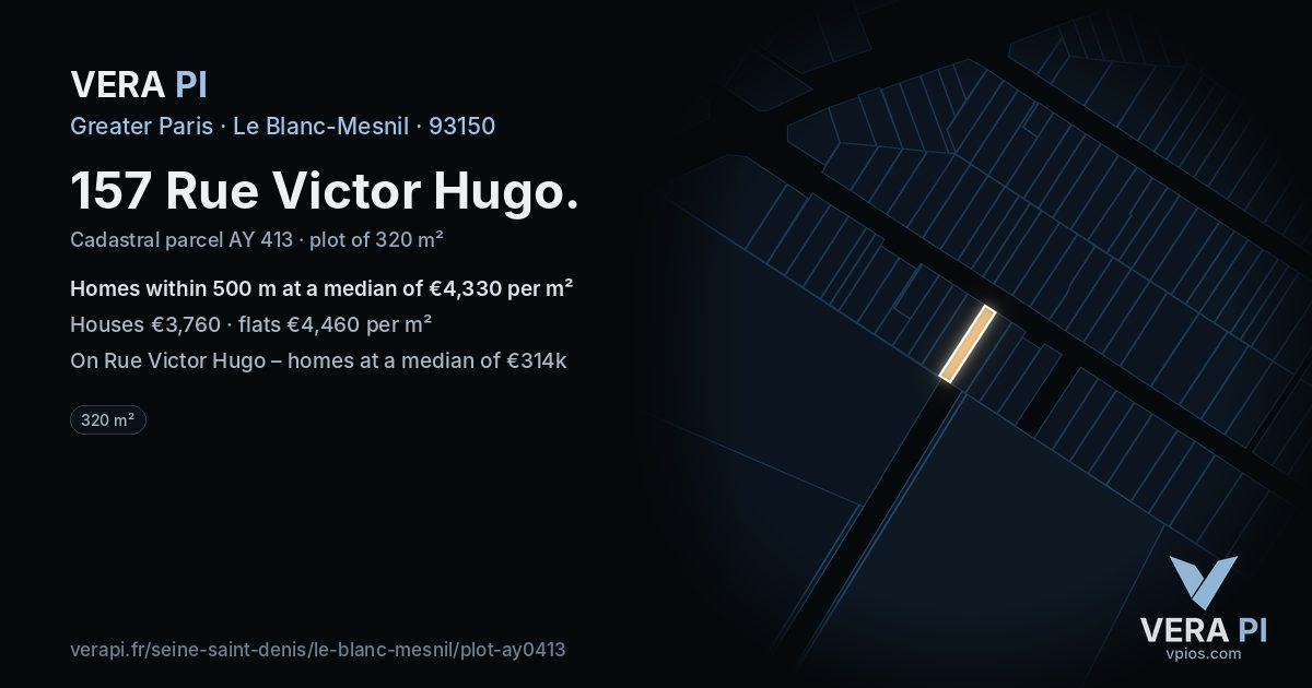 157 Rue Victor Hugo, Le Blanc-Mesnil at night – the plot lit, the parcels around coloured by the prices near them