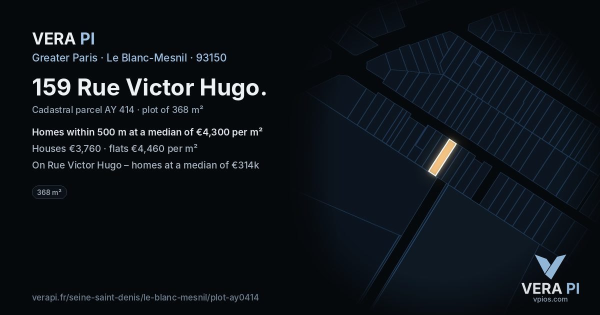 159 Rue Victor Hugo, Le Blanc-Mesnil at night – the plot lit, the parcels around coloured by the prices near them