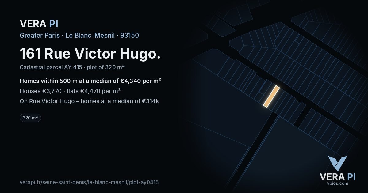 161 Rue Victor Hugo, Le Blanc-Mesnil at night – the plot lit, the parcels around coloured by the prices near them