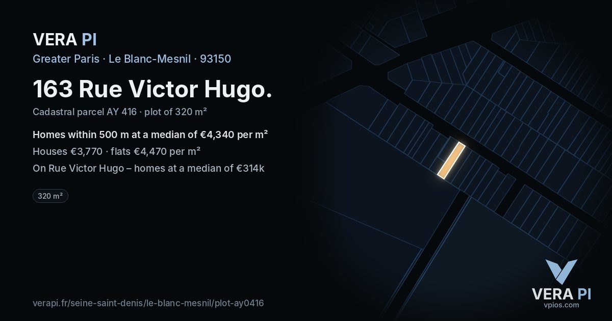 163 Rue Victor Hugo, Le Blanc-Mesnil at night – the plot lit, the parcels around coloured by the prices near them