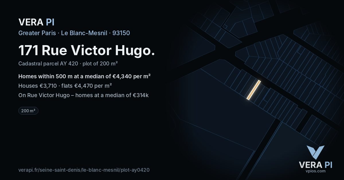 171 Rue Victor Hugo, Le Blanc-Mesnil at night – the plot lit, the parcels around coloured by the prices near them