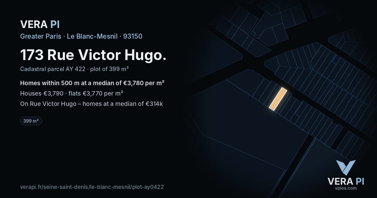 173 Rue Victor Hugo, Le Blanc-Mesnil at night – the plot lit, the parcels around coloured by the prices near them