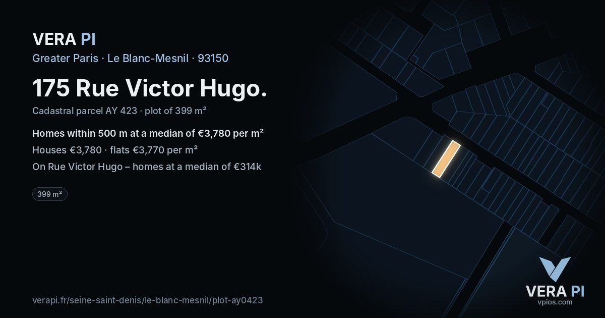 175 Rue Victor Hugo, Le Blanc-Mesnil at night – the plot lit, the parcels around coloured by the prices near them