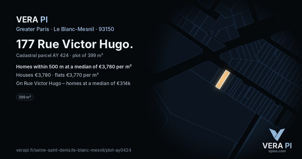 177 Rue Victor Hugo, Le Blanc-Mesnil at night – the plot lit, the parcels around coloured by the prices near them