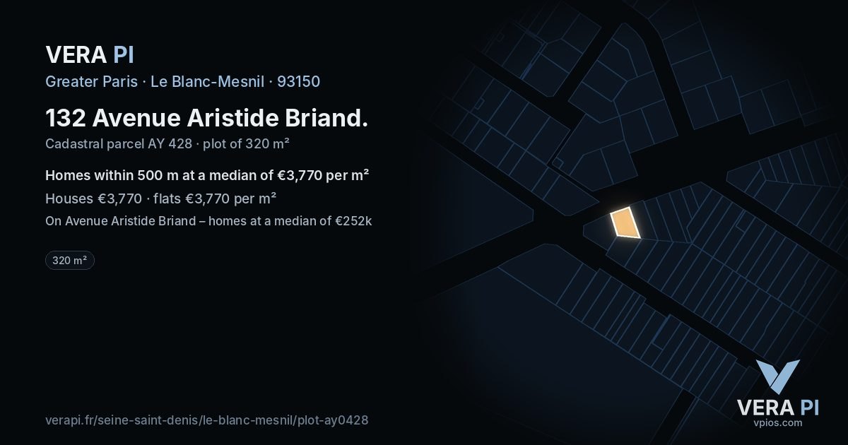 132 Avenue Aristide Briand, Le Blanc-Mesnil at night – the plot lit, the parcels around coloured by the prices near them