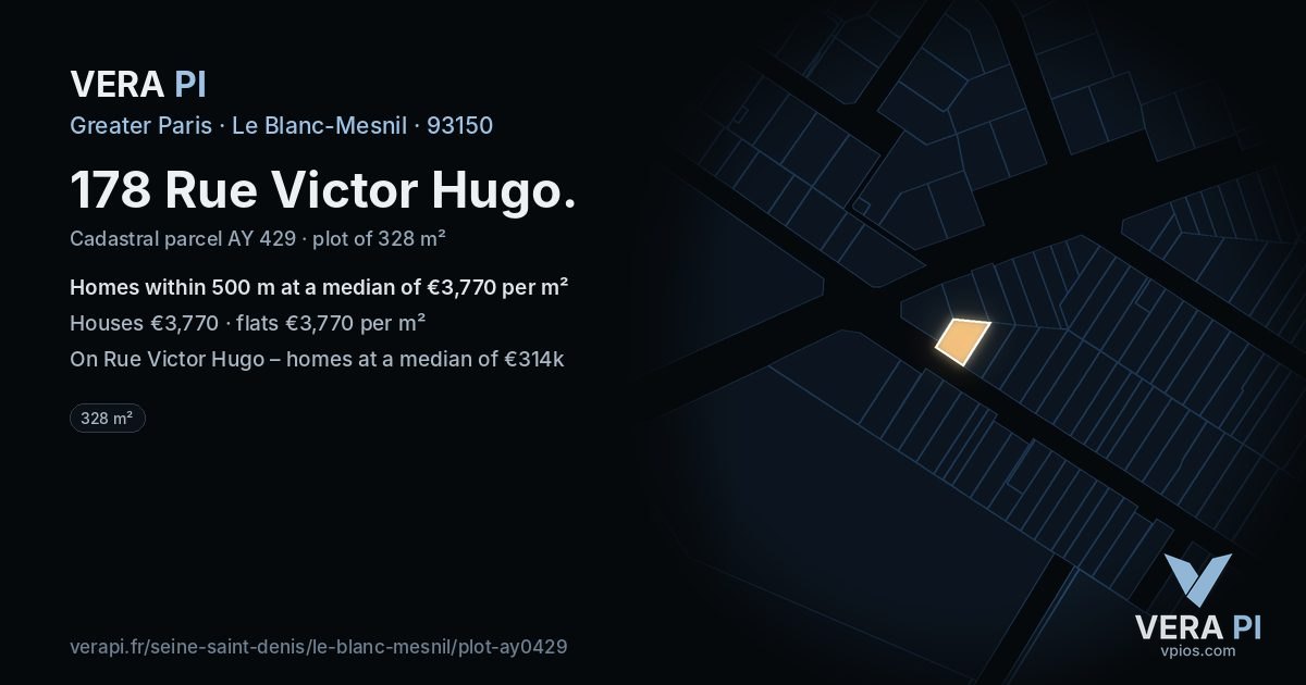 178 Rue Victor Hugo, Le Blanc-Mesnil at night – the plot lit, the parcels around coloured by the prices near them