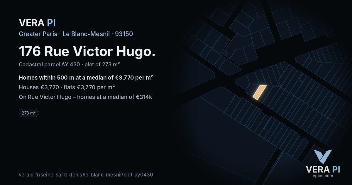 176 Rue Victor Hugo, Le Blanc-Mesnil at night – the plot lit, the parcels around coloured by the prices near them
