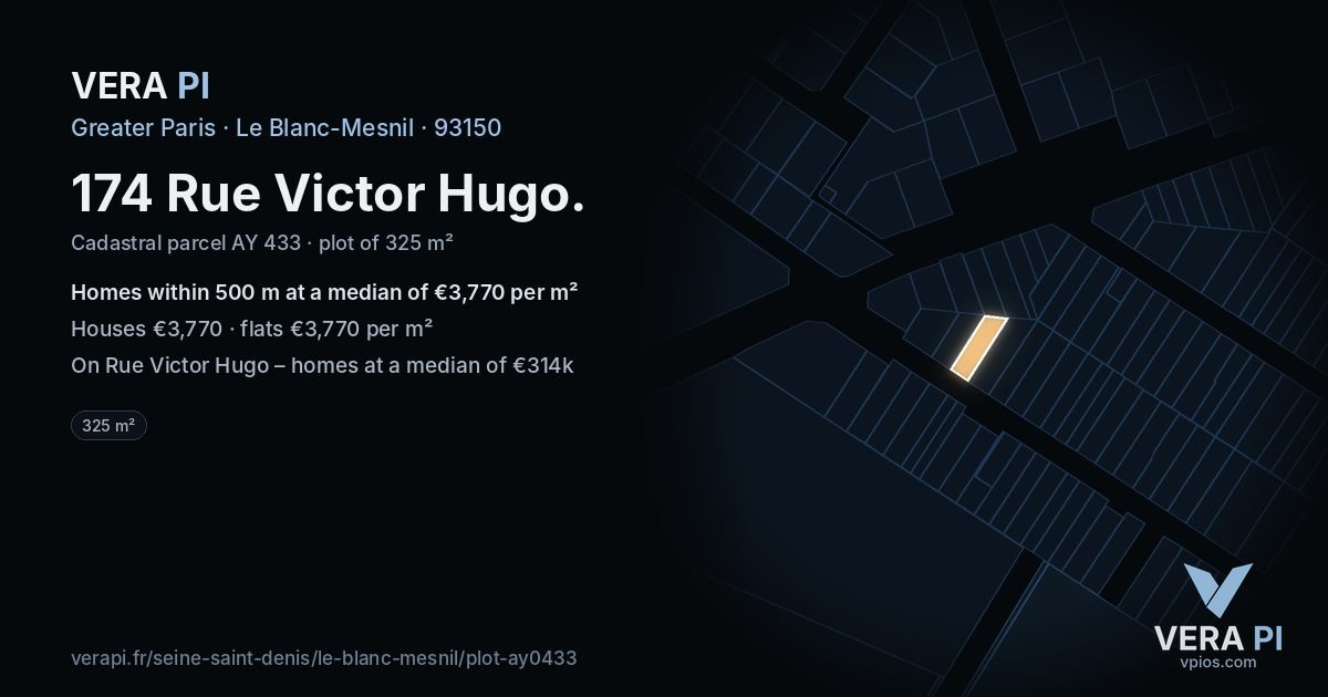 174 Rue Victor Hugo, Le Blanc-Mesnil at night – the plot lit, the parcels around coloured by the prices near them