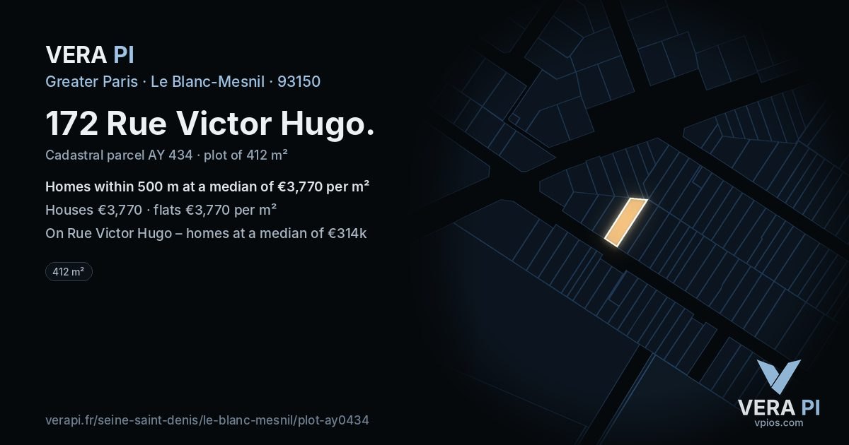 172 Rue Victor Hugo, Le Blanc-Mesnil at night – the plot lit, the parcels around coloured by the prices near them