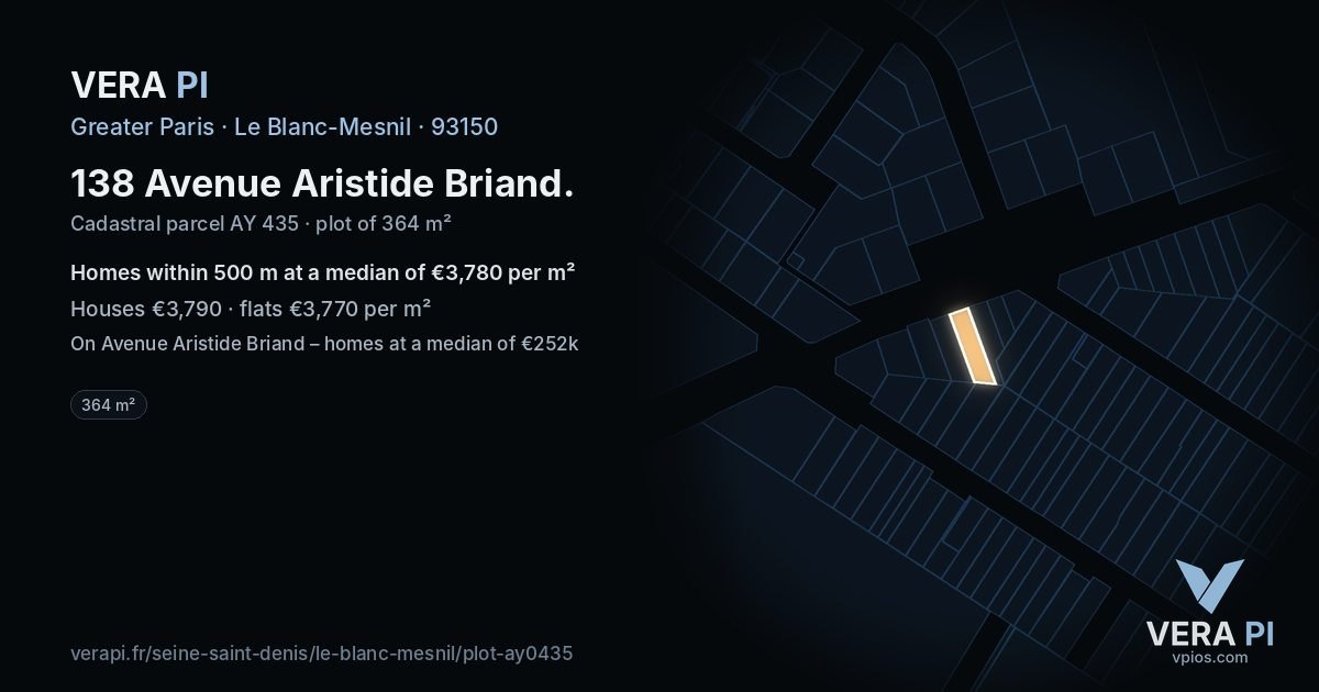 138 Avenue Aristide Briand, Le Blanc-Mesnil at night – the plot lit, the parcels around coloured by the prices near them