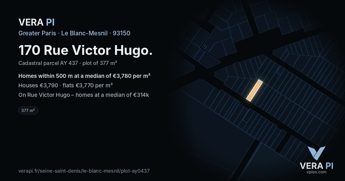 170 Rue Victor Hugo, Le Blanc-Mesnil at night – the plot lit, the parcels around coloured by the prices near them
