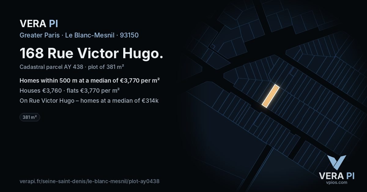 168 Rue Victor Hugo, Le Blanc-Mesnil at night – the plot lit, the parcels around coloured by the prices near them