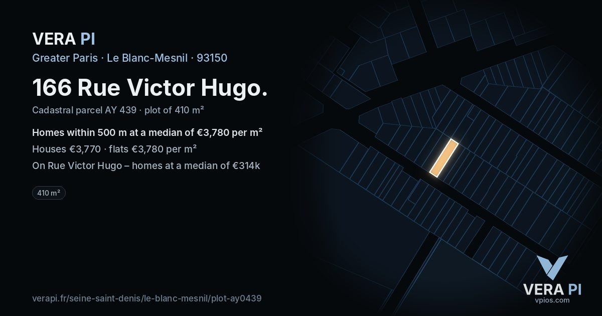 166 Rue Victor Hugo, Le Blanc-Mesnil at night – the plot lit, the parcels around coloured by the prices near them