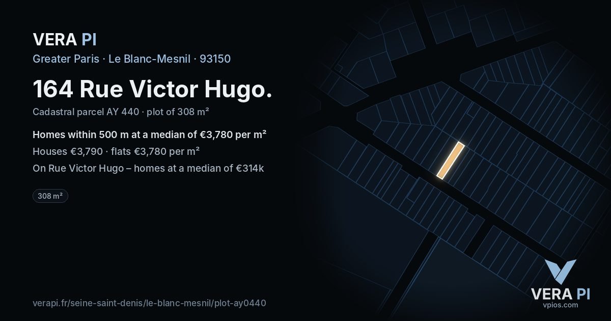 164 Rue Victor Hugo, Le Blanc-Mesnil at night – the plot lit, the parcels around coloured by the prices near them