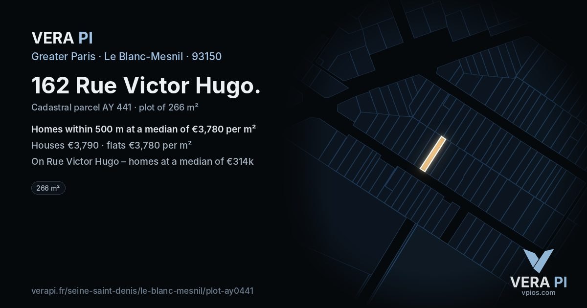 162 Rue Victor Hugo, Le Blanc-Mesnil at night – the plot lit, the parcels around coloured by the prices near them