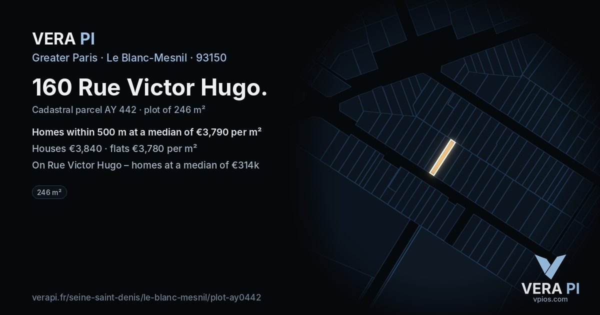 160 Rue Victor Hugo, Le Blanc-Mesnil at night – the plot lit, the parcels around coloured by the prices near them