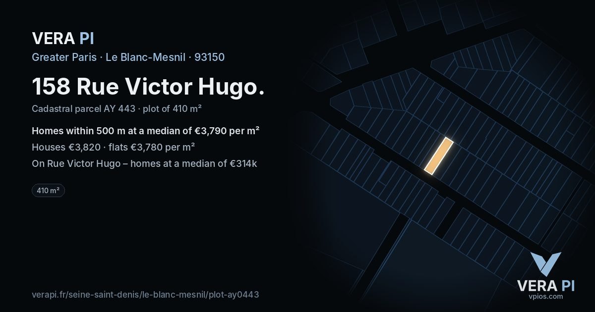 158 Rue Victor Hugo, Le Blanc-Mesnil at night – the plot lit, the parcels around coloured by the prices near them