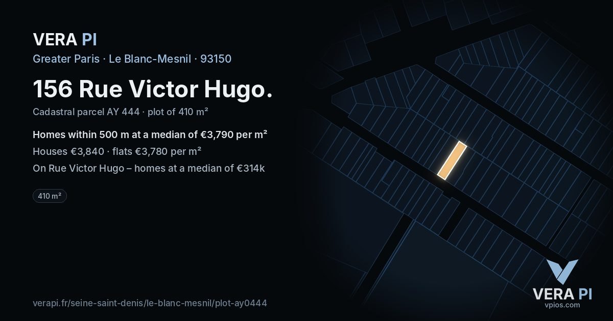 156 Rue Victor Hugo, Le Blanc-Mesnil at night – the plot lit, the parcels around coloured by the prices near them