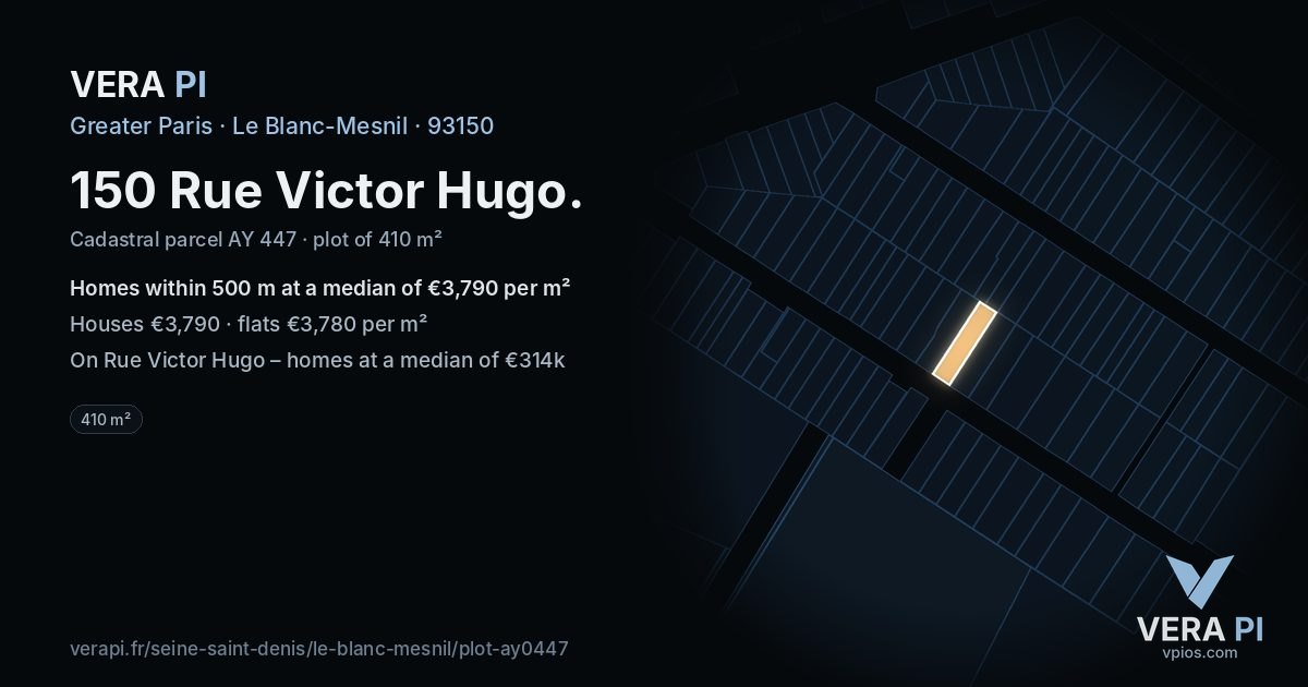 150 Rue Victor Hugo, Le Blanc-Mesnil at night – the plot lit, the parcels around coloured by the prices near them