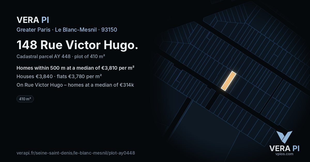 148 Rue Victor Hugo, Le Blanc-Mesnil at night – the plot lit, the parcels around coloured by the prices near them