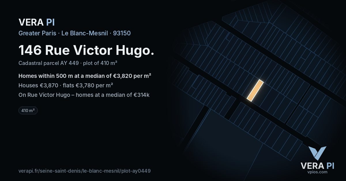 146 Rue Victor Hugo, Le Blanc-Mesnil at night – the plot lit, the parcels around coloured by the prices near them
