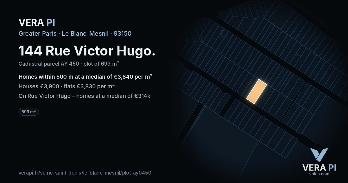 144 Rue Victor Hugo, Le Blanc-Mesnil at night – the plot lit, the parcels around coloured by the prices near them