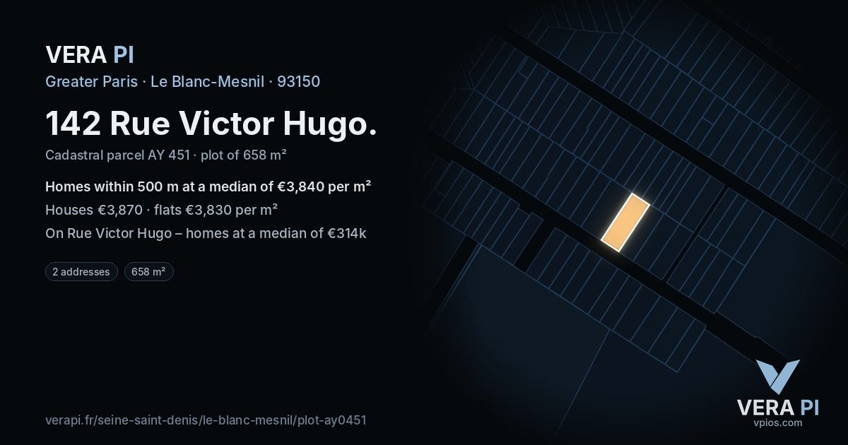 142 Rue Victor Hugo, Le Blanc-Mesnil at night – the plot lit, the parcels around coloured by the prices near them