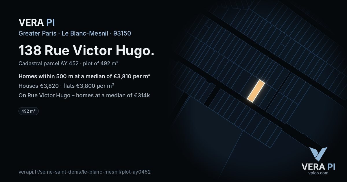 138 Rue Victor Hugo, Le Blanc-Mesnil at night – the plot lit, the parcels around coloured by the prices near them