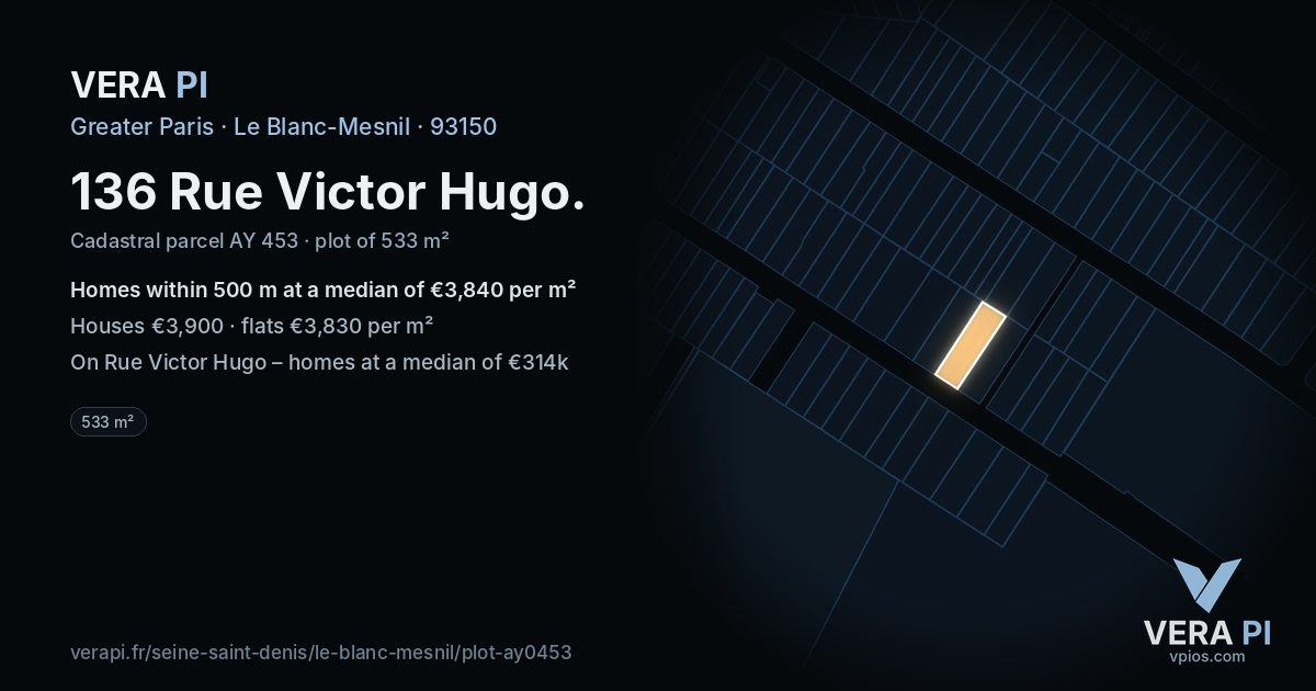 136 Rue Victor Hugo, Le Blanc-Mesnil at night – the plot lit, the parcels around coloured by the prices near them
