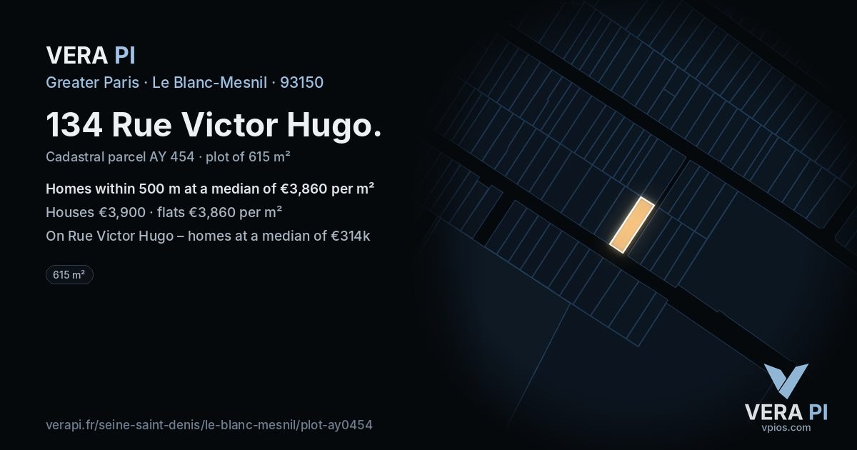 134 Rue Victor Hugo, Le Blanc-Mesnil at night – the plot lit, the parcels around coloured by the prices near them