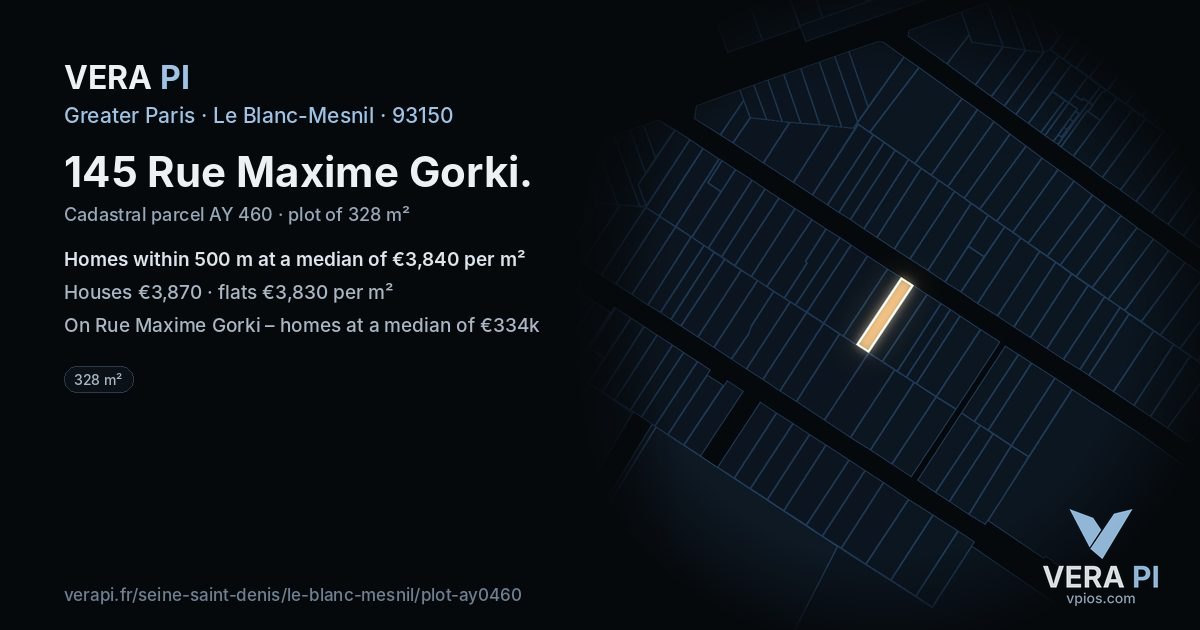 145 Rue Maxime Gorki, Le Blanc-Mesnil at night – the plot lit, the parcels around coloured by the prices near them
