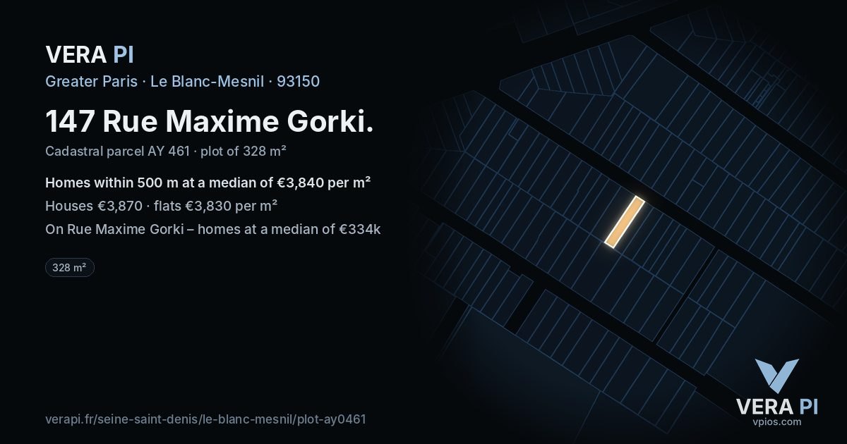 147 Rue Maxime Gorki, Le Blanc-Mesnil at night – the plot lit, the parcels around coloured by the prices near them