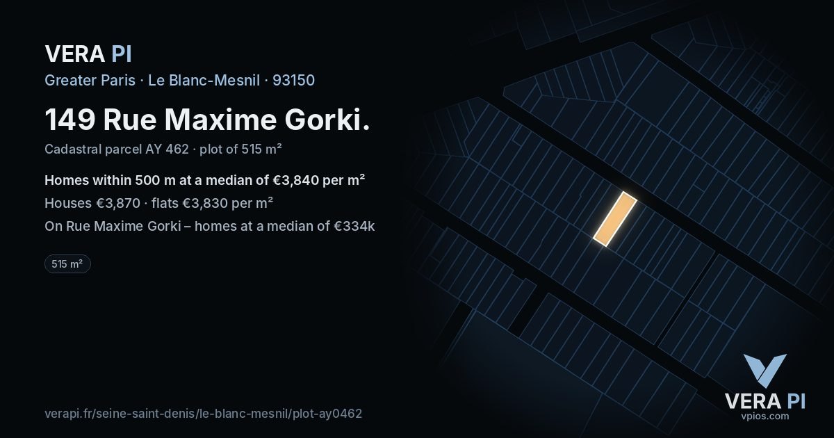 149 Rue Maxime Gorki, Le Blanc-Mesnil at night – the plot lit, the parcels around coloured by the prices near them