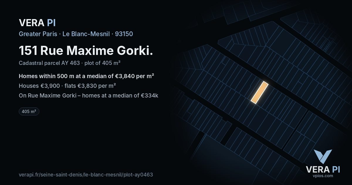 151 Rue Maxime Gorki, Le Blanc-Mesnil at night – the plot lit, the parcels around coloured by the prices near them