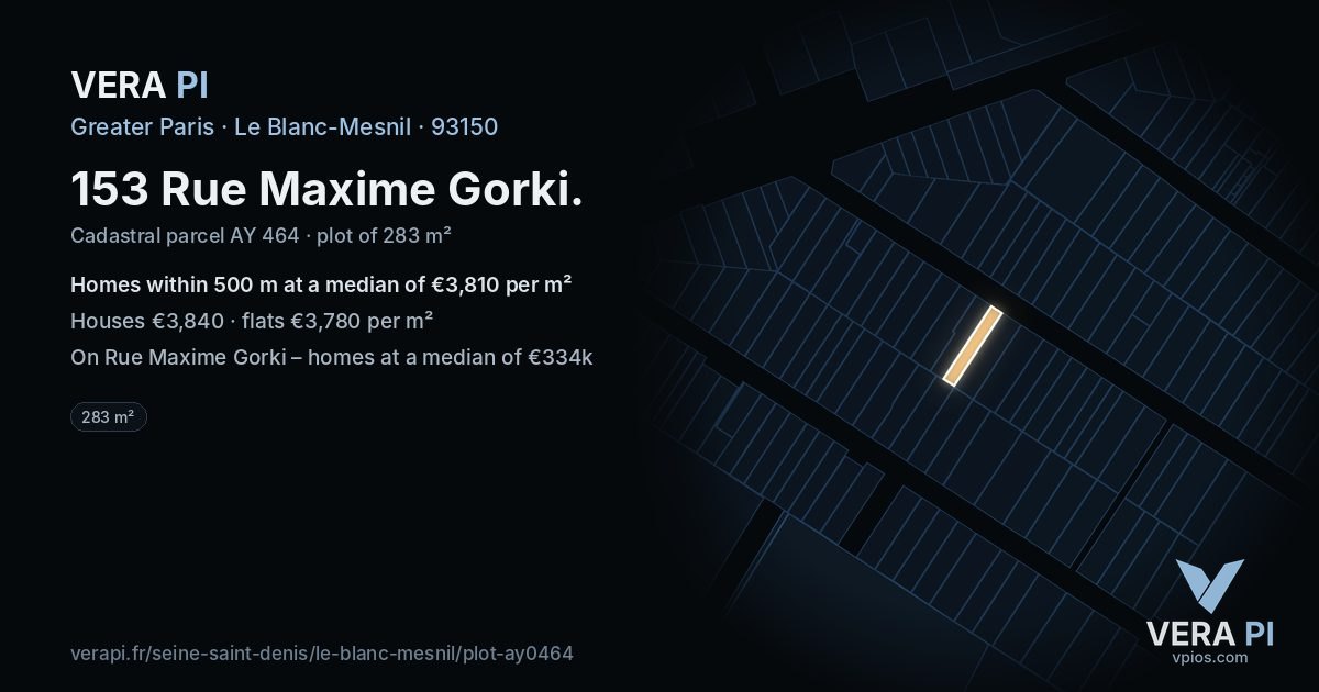 153 Rue Maxime Gorki, Le Blanc-Mesnil at night – the plot lit, the parcels around coloured by the prices near them
