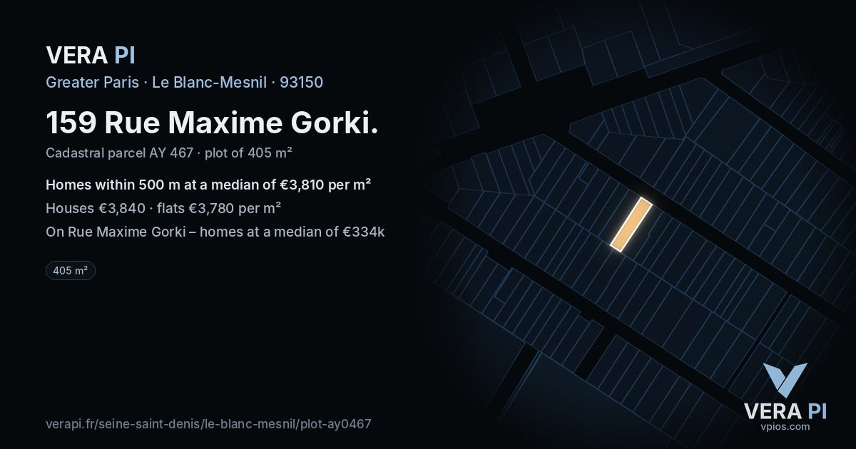 159 Rue Maxime Gorki, Le Blanc-Mesnil at night – the plot lit, the parcels around coloured by the prices near them