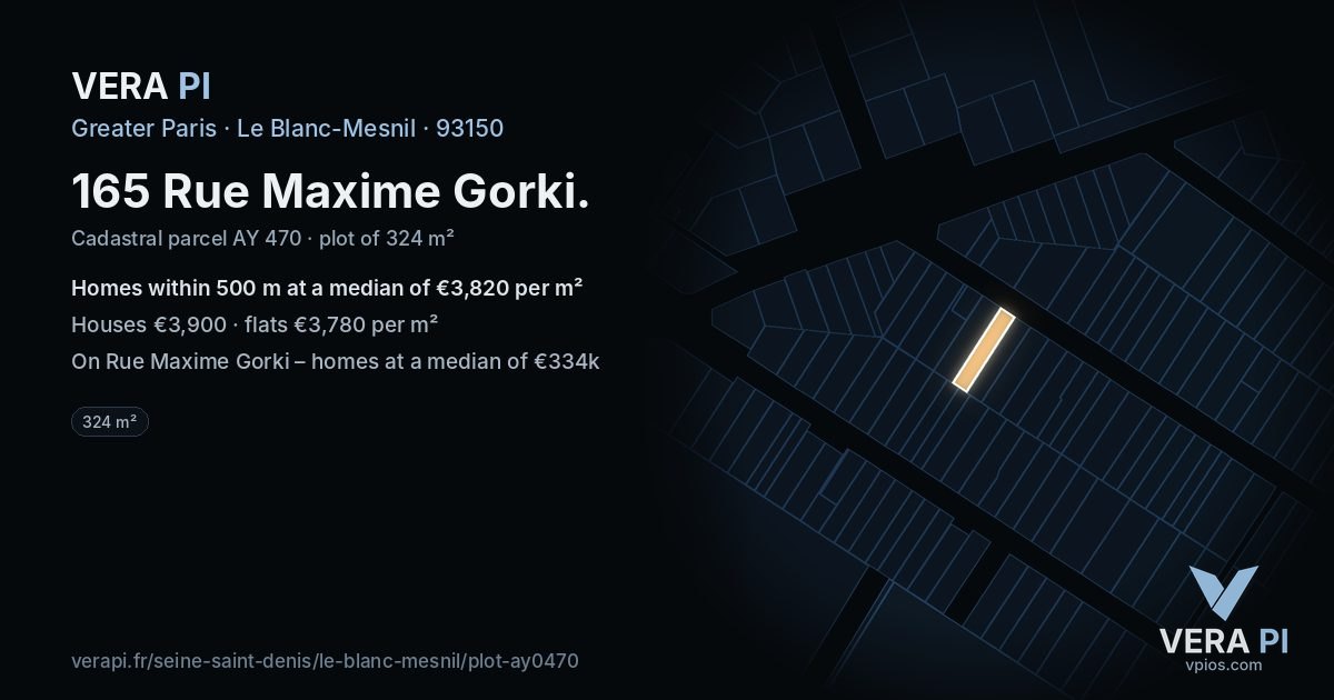 165 Rue Maxime Gorki, Le Blanc-Mesnil at night – the plot lit, the parcels around coloured by the prices near them