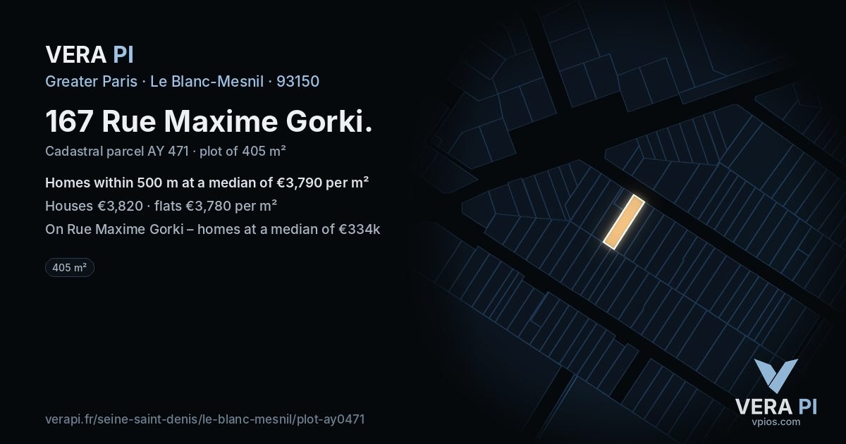 167 Rue Maxime Gorki, Le Blanc-Mesnil at night – the plot lit, the parcels around coloured by the prices near them