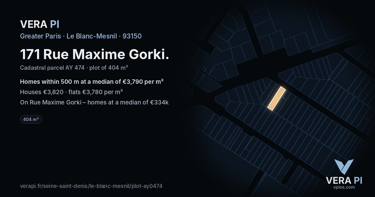 171 Rue Maxime Gorki, Le Blanc-Mesnil at night – the plot lit, the parcels around coloured by the prices near them